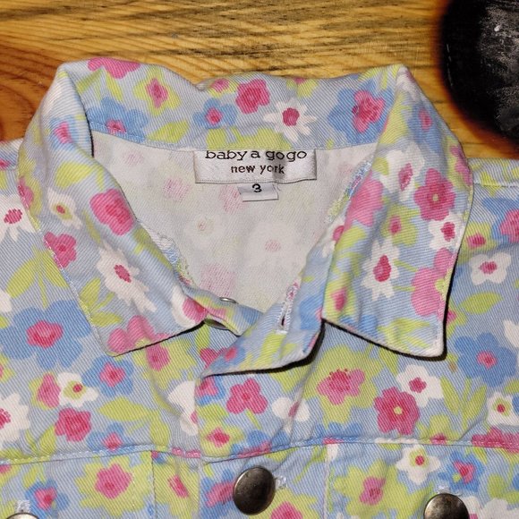 Baby A GoGo Girls Size 3T Kids Denim Jean Jacket Pastel Floral Snap front Collar - Picture 3 of 6